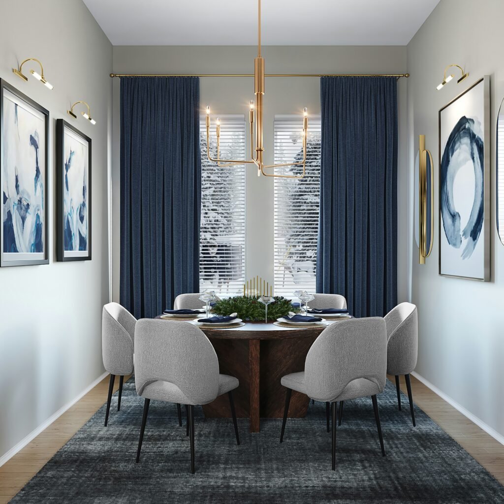 Dining room wall styled with personal art and photos