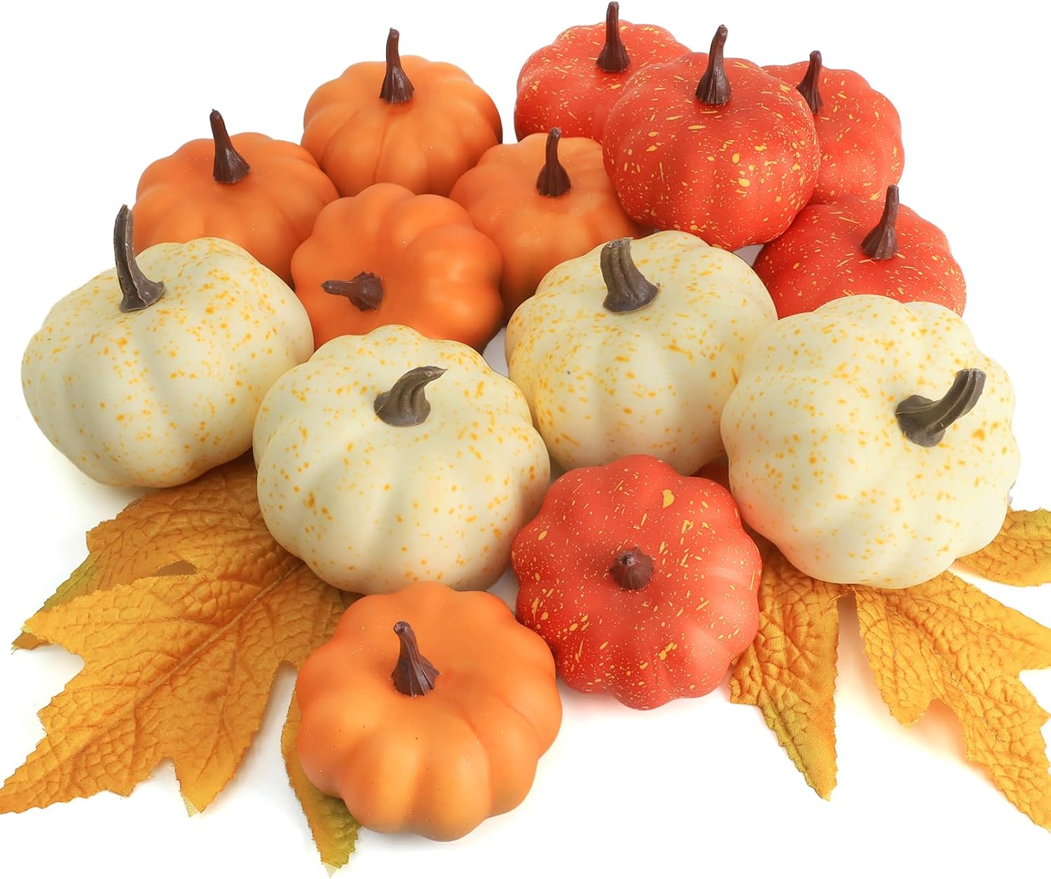 Realistic Mini Pumpkin Decor with Maple Leaves, 16 Pcs