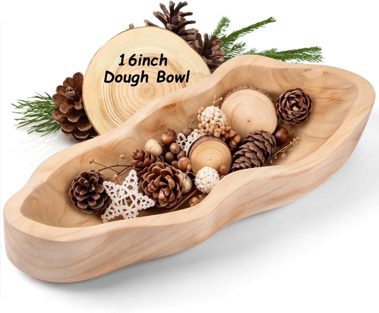16 Inch Wavy-Edge Wooden Dough Bowl, Large Decorative Bowl