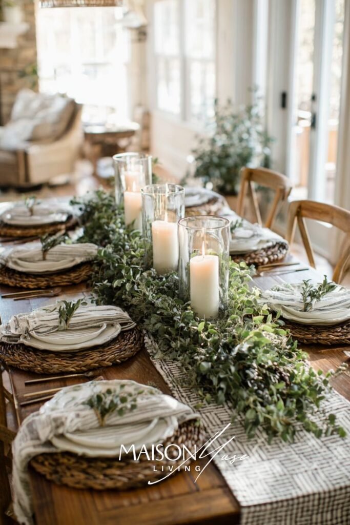 Greenery runner centerpiece down a dining table