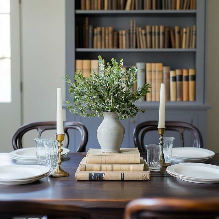 Stacked coffee table books with decor as a dining table centerpiece