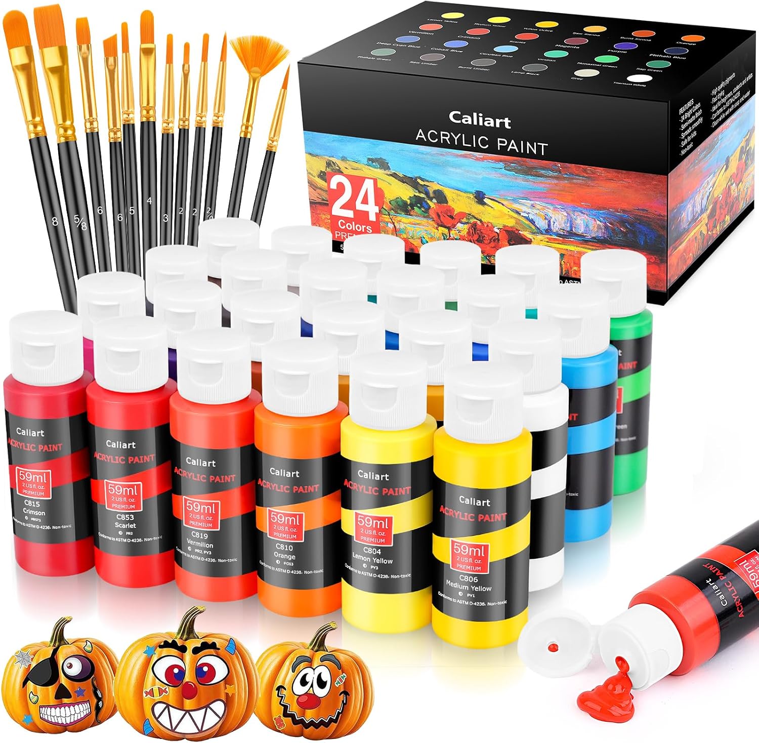 Caliart Acrylic Paint Set, 24 Colors with 12 Brushes