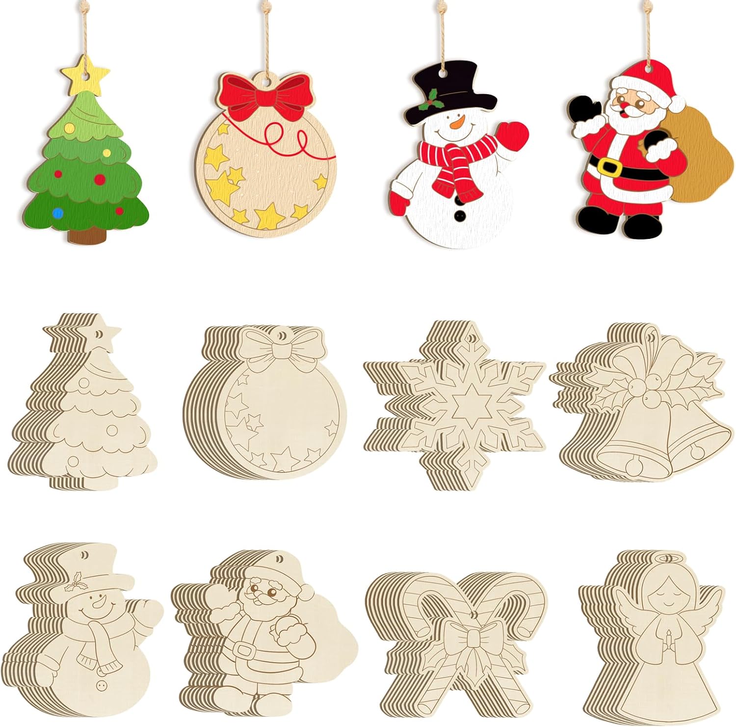 80 Pcs Unfinished Wooden Christmas Ornaments to Paint, 8 Styles