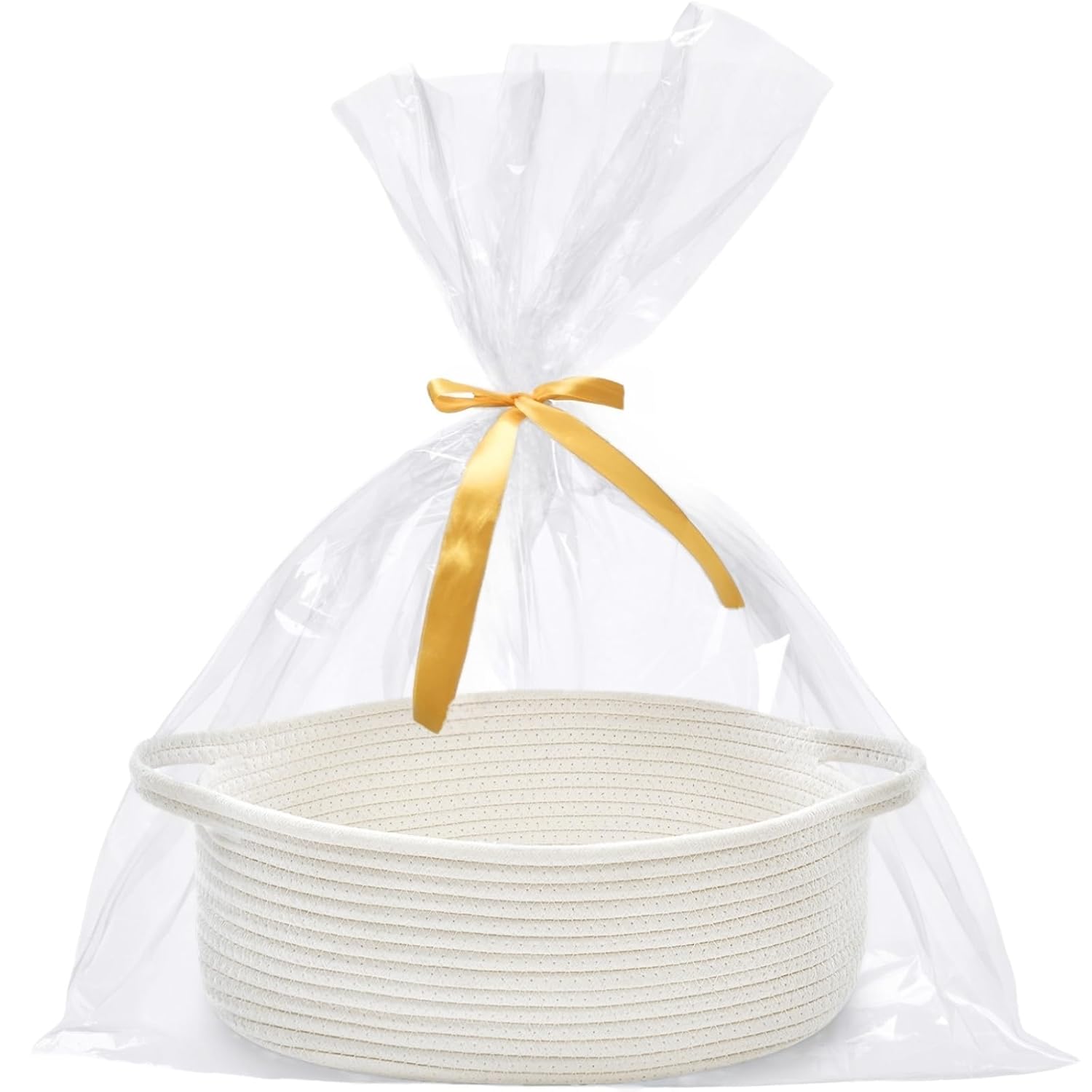 Optish White Woven Rope Gift Basket with Cellophane Bag and Ribbon