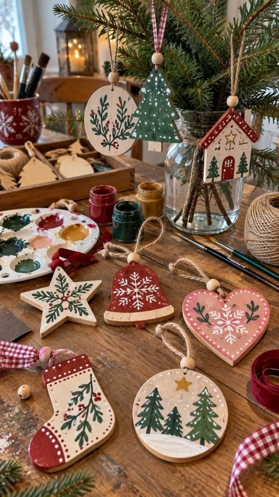 Hand-painted wooden Christmas ornaments being crafted on a table