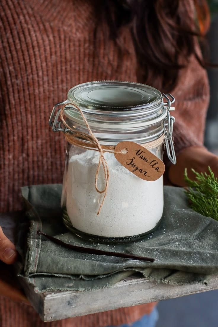 DIY homemade vanilla sugar in a decorative jar