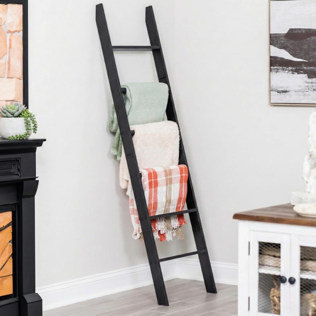 6-Tier Black Blanket Ladder Quilt Rack for Living Room and Bedroom
