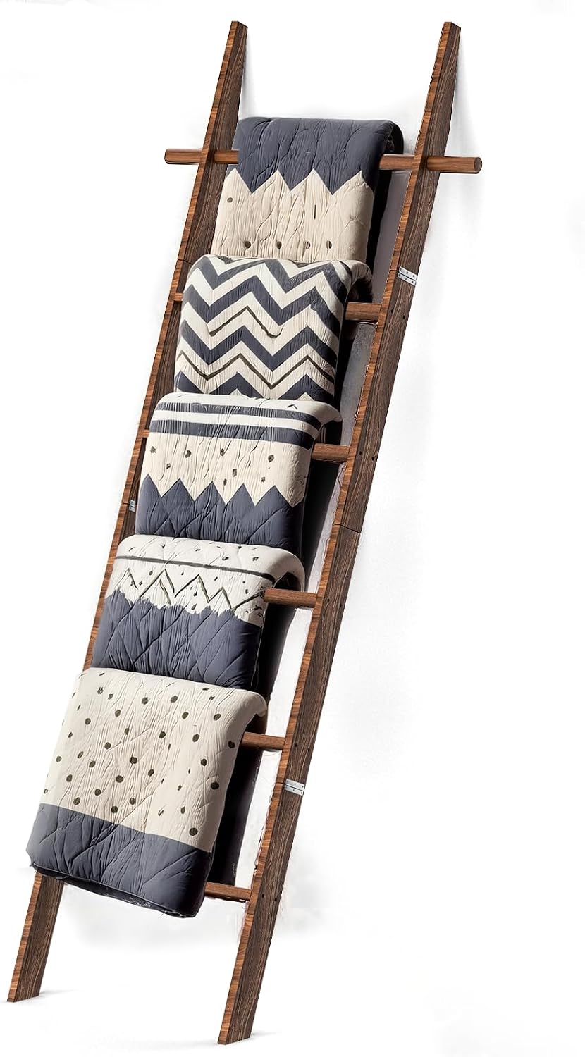 Farmhouse Wooden Blanket Ladder with Removable Hooks, 6-Tier, Brown