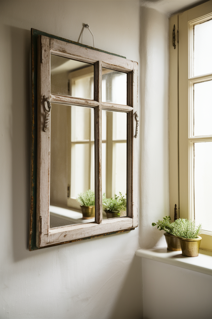 Repurposed window frame used as rustic wall decor in a bathroom