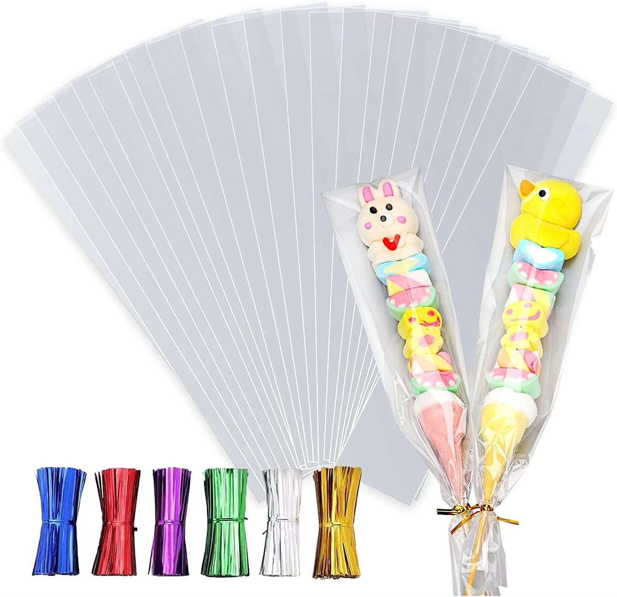 Clear Cellophane Treat Bags, 100 Pcs, 3 x 11 Inch, with Twist Ties