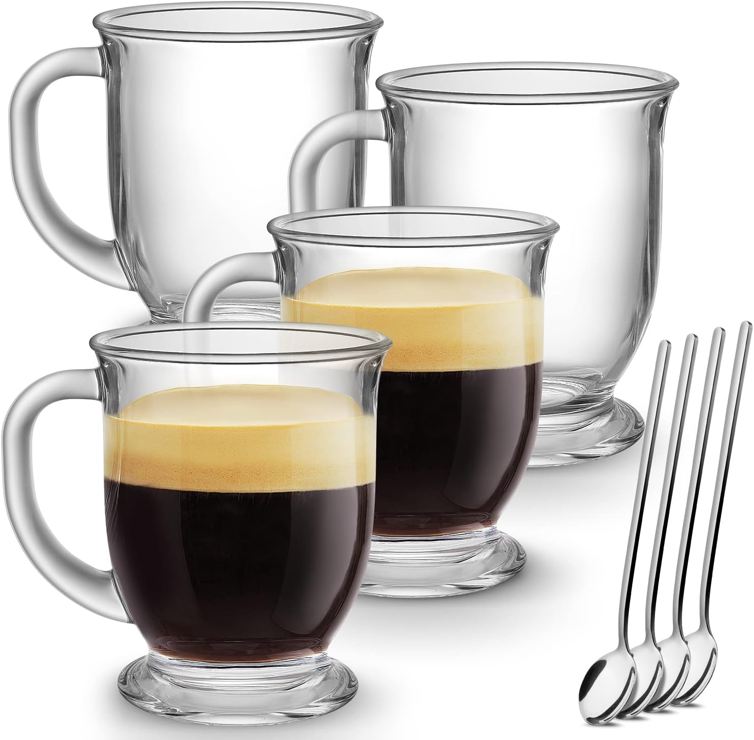 Mfacoy Glass Coffee Mugs, Set of 4, 15 oz, with Handles