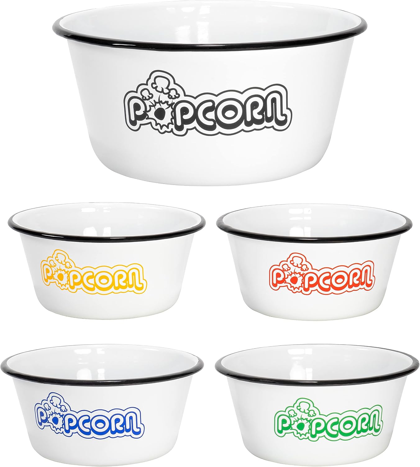 Red Co. White Enamelware Popcorn Bowls, Set of 5, 4 Quart and 1.2 Quart
