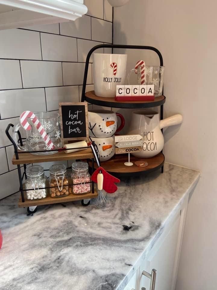 Classic countertop hot cocoa bar styled for cozy winter days