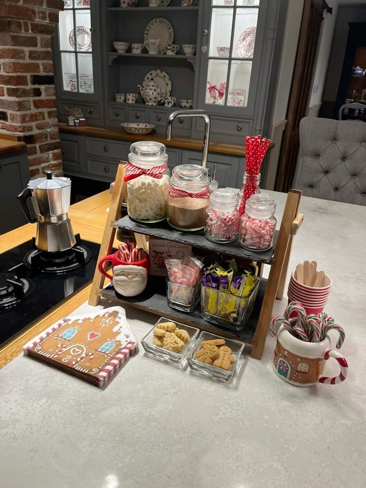 Essential supplies laid out for a hot cocoa bar setup