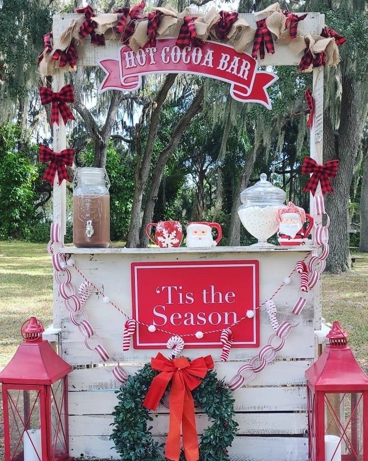 Outdoor winter hot cocoa bar set up for cold-weather gatherings