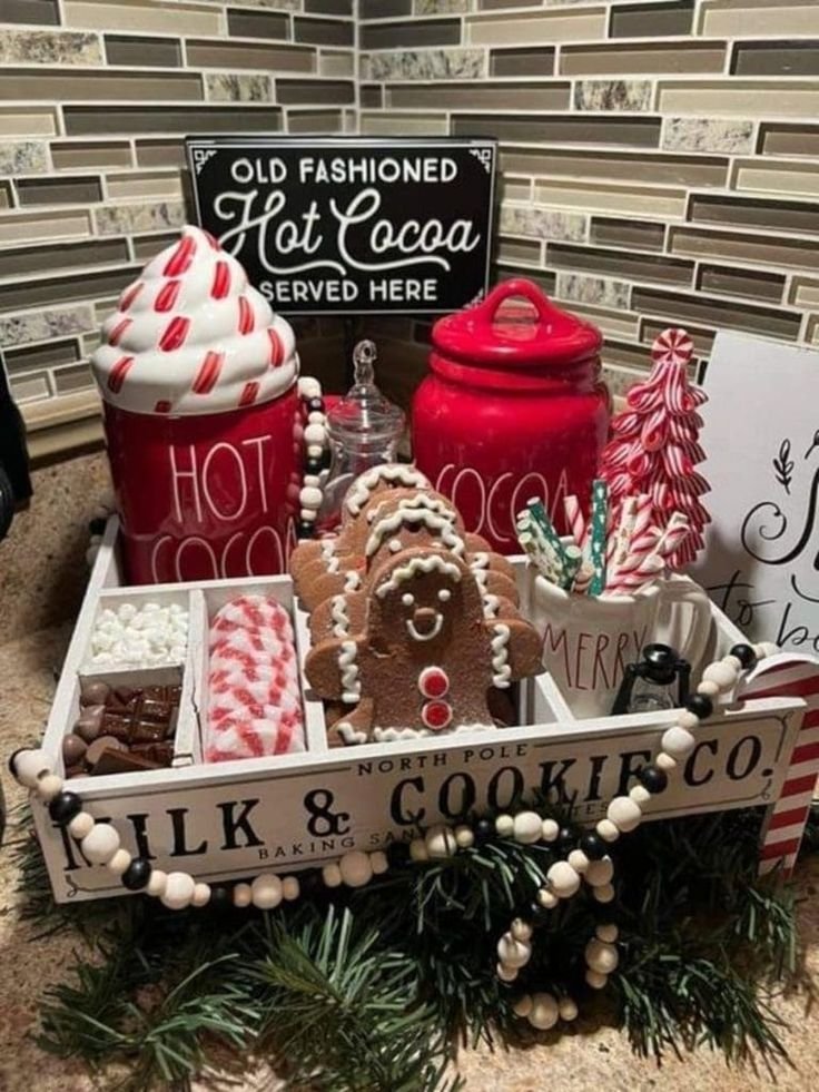 Peppermint-themed hot cocoa bar with festive candy cane accents