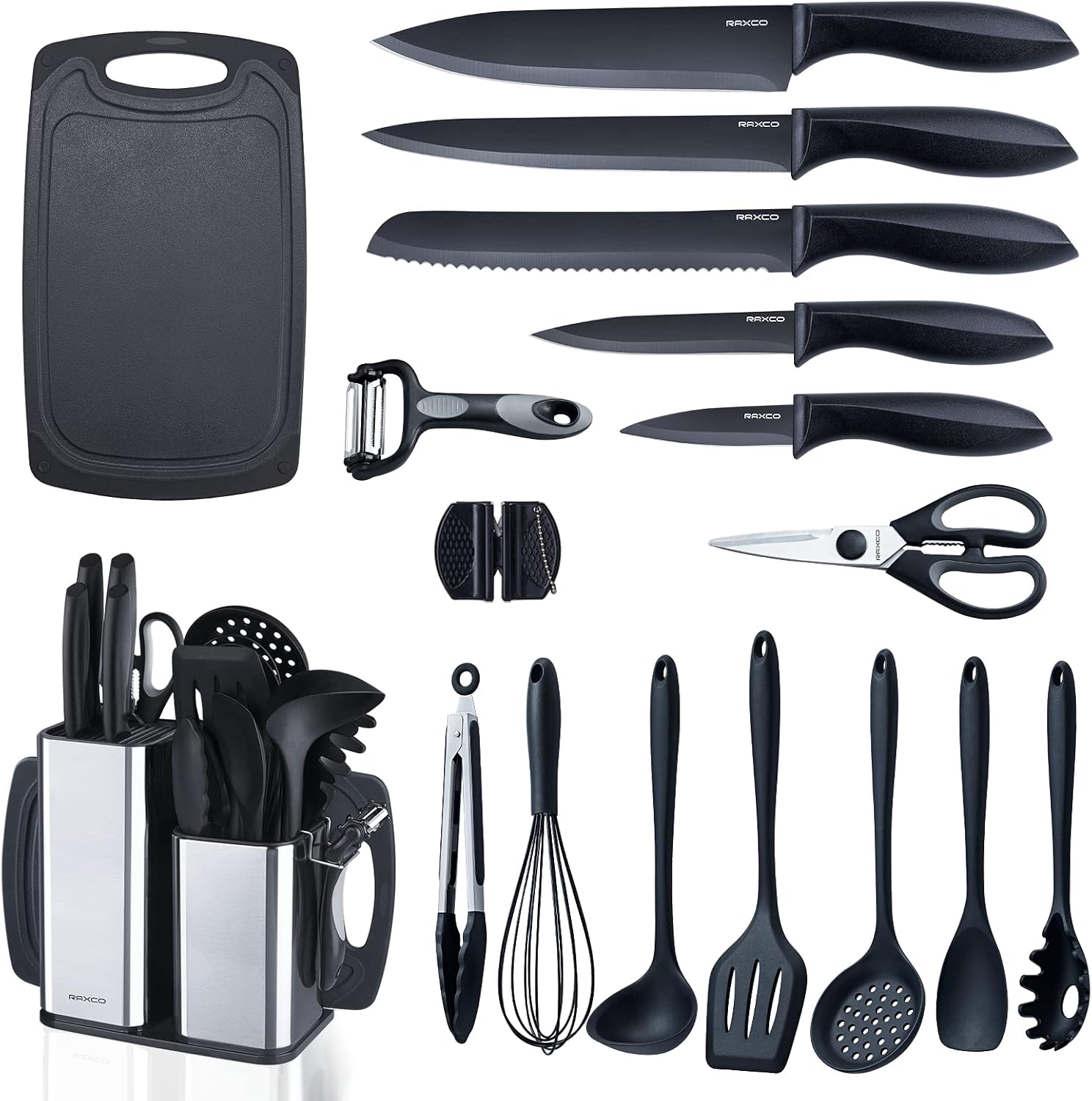 RAXCO 18-Piece Kitchen Utensils and Knife Set, Black