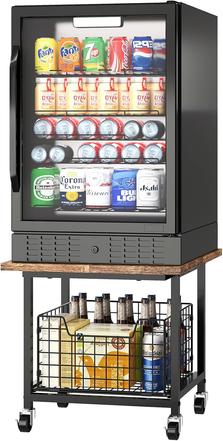 Mini Fridge Stand with Storage, Rolling Small Refrigerator Cart