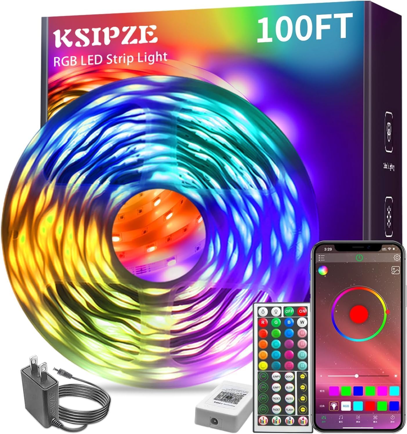 KSIPZE 100 FT RGB LED Strip Lights, Music Sync, Smart App Control