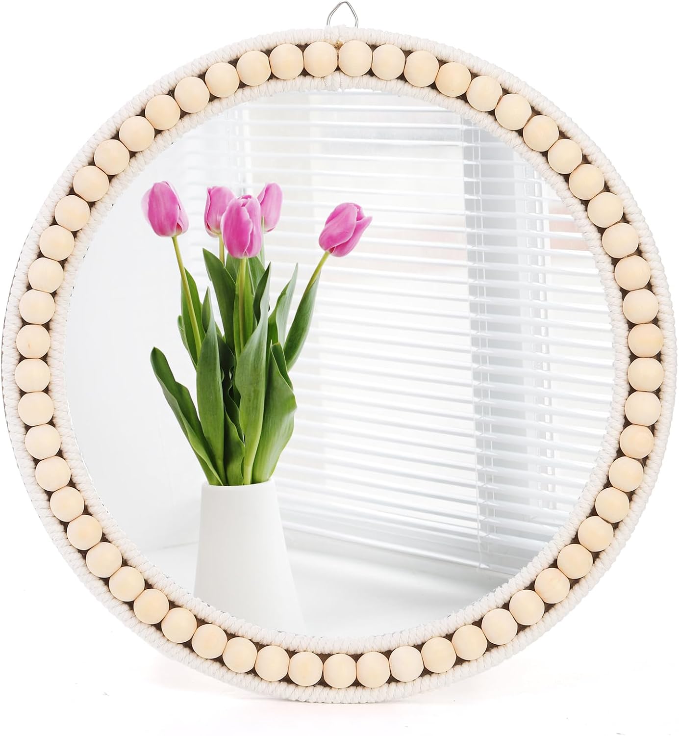 Eorbow Boho Round Wall Mirror with Wooden Beads, 12 Inch