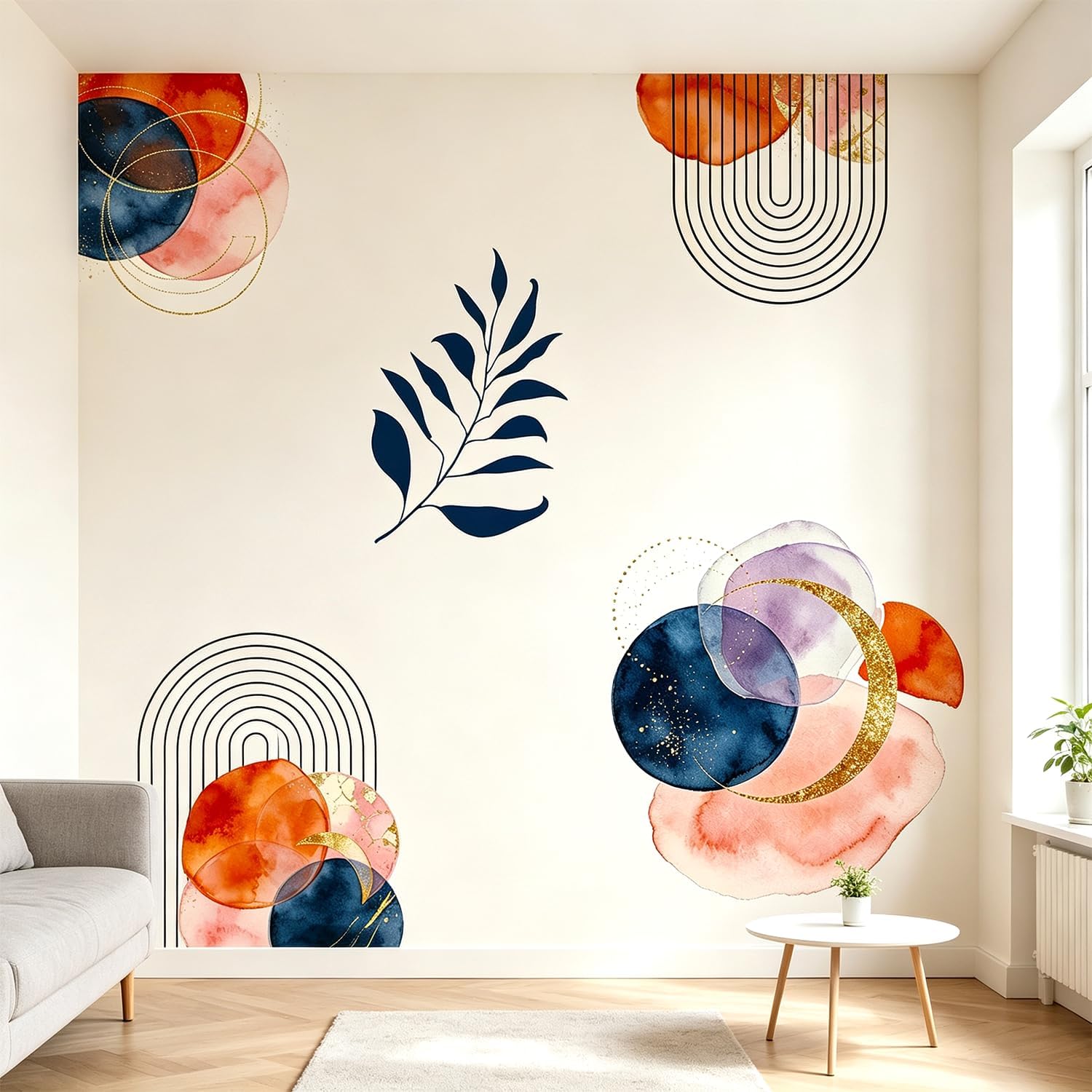 Boho Mid-Century Abstract Geometric Arch and Leaf Wall Decals