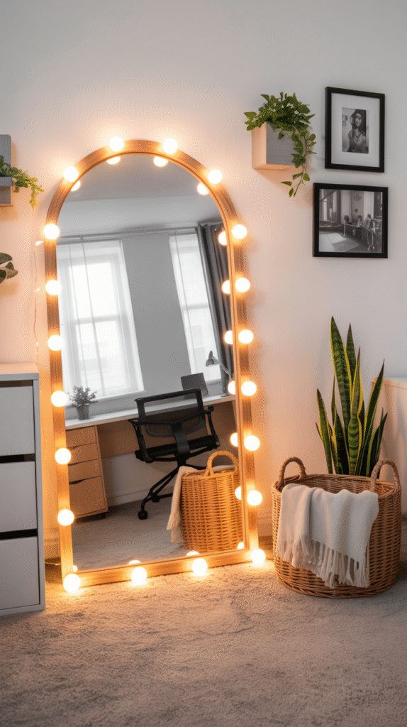 Large arched mirror ringed with warm bulb lights leaning against a bedroom wall beside framed photos, a hanging plant and a woven basket of blankets