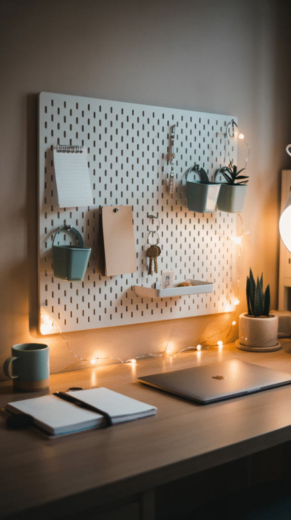 White pegboard mounted above a desk holding a notepad, small hanging baskets with plants, keys and a clipboard, strung with fairy lights