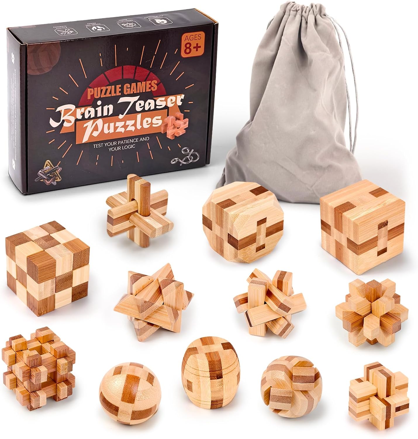 VolksRose 12 Pcs Wooden Brain Teaser Puzzles, IQ Challenge Games