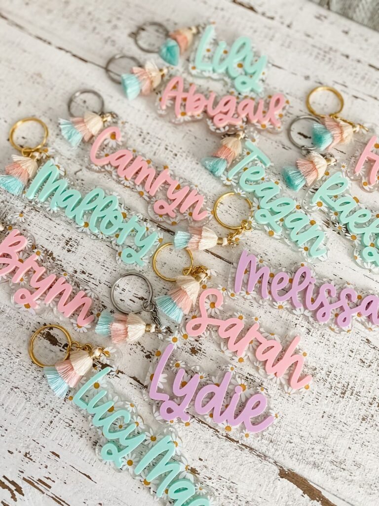 Personalized keychains and charms styled as Easter basket stuffers