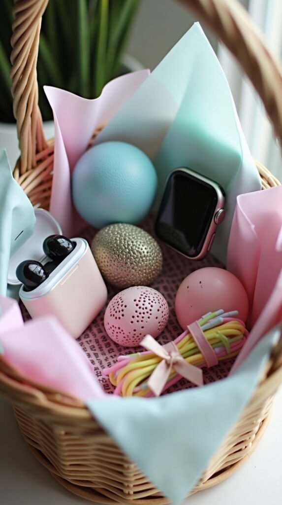 Small tech accessories styled as practical Easter basket stuffers
