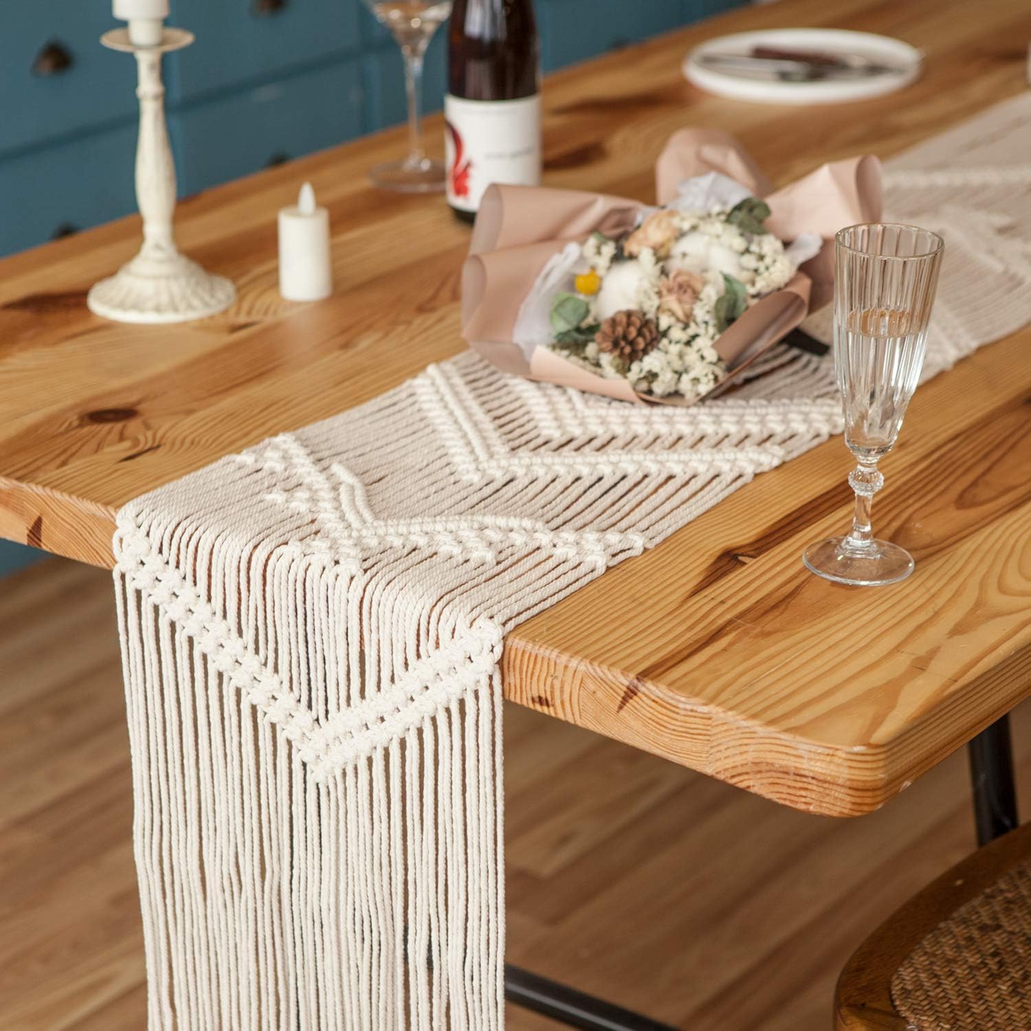 Mkono Boho Macrame Table Runner, 100 Inches, with Tassels