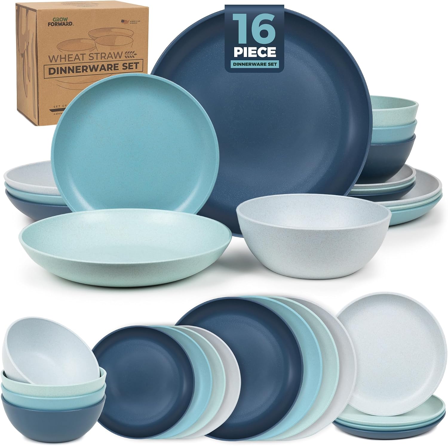 Grow Forward 16-Piece Wheat Straw Dinnerware Set for 4, Unbreakable
