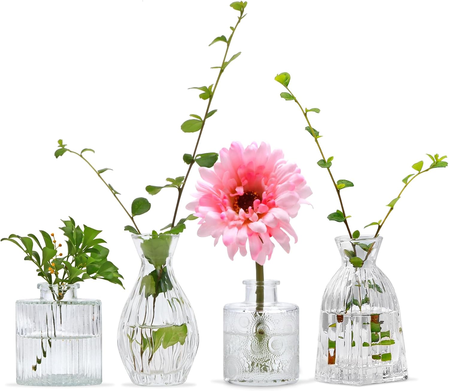 Glass Bud Vases Set of 4, Small Flower Vases for Centerpieces
