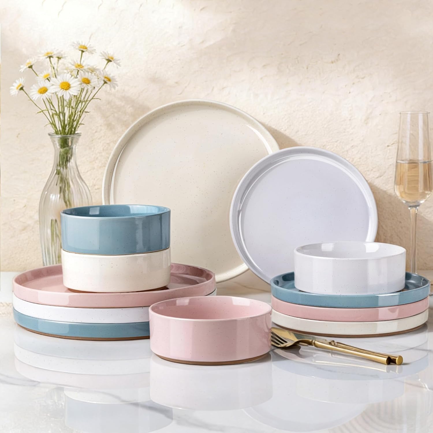 AmorArc Stoneware Dinnerware Set for 4, 12 Pcs Plates and Bowls