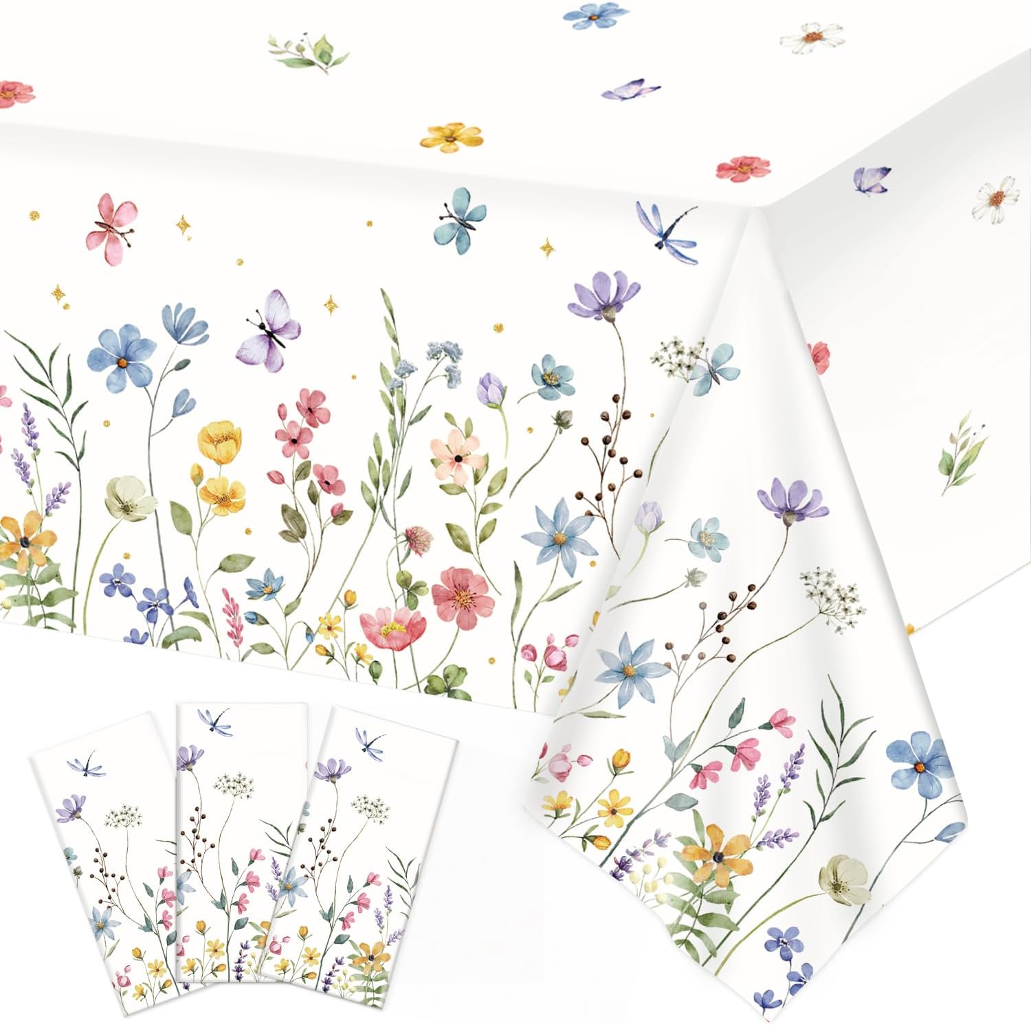 Spring Floral Wildflower Butterfly Plastic Tablecloths, 3 Pack