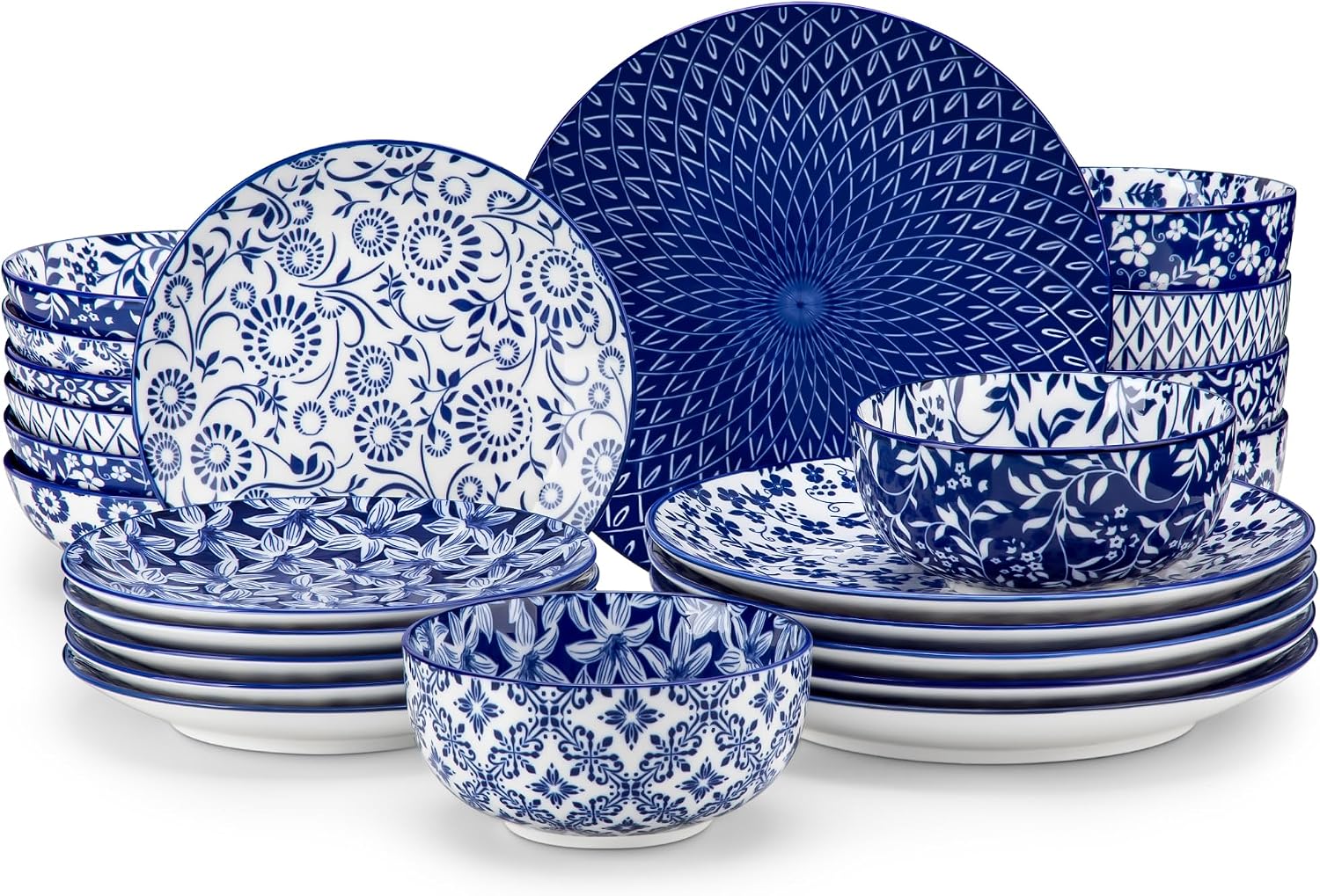 vancasso SELENE Blue and White Dinnerware Set for 6, 24 Pieces