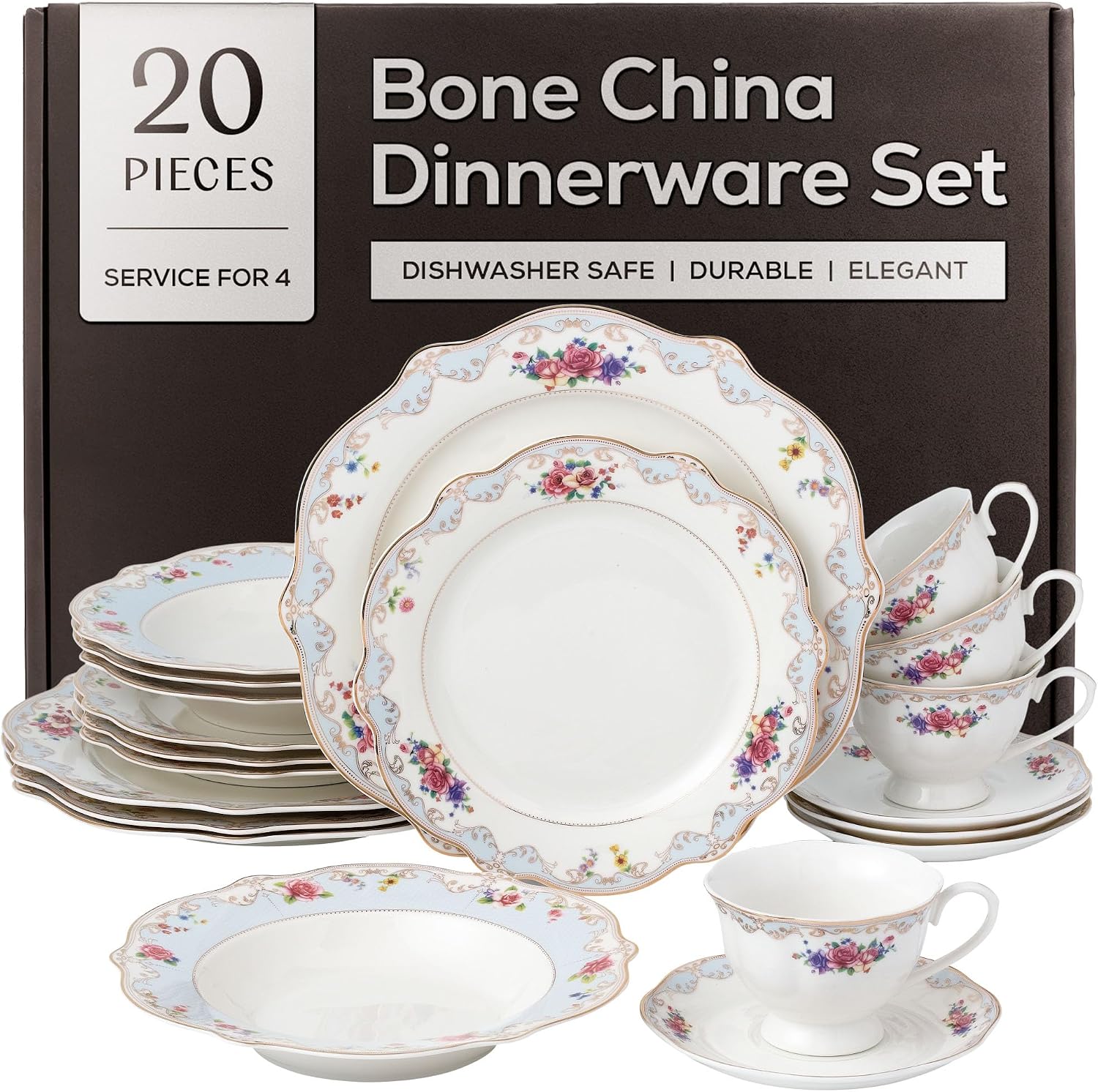 Joseph Sedgh Romantic Bloom Bone China Dinnerware Set, 57 Piece