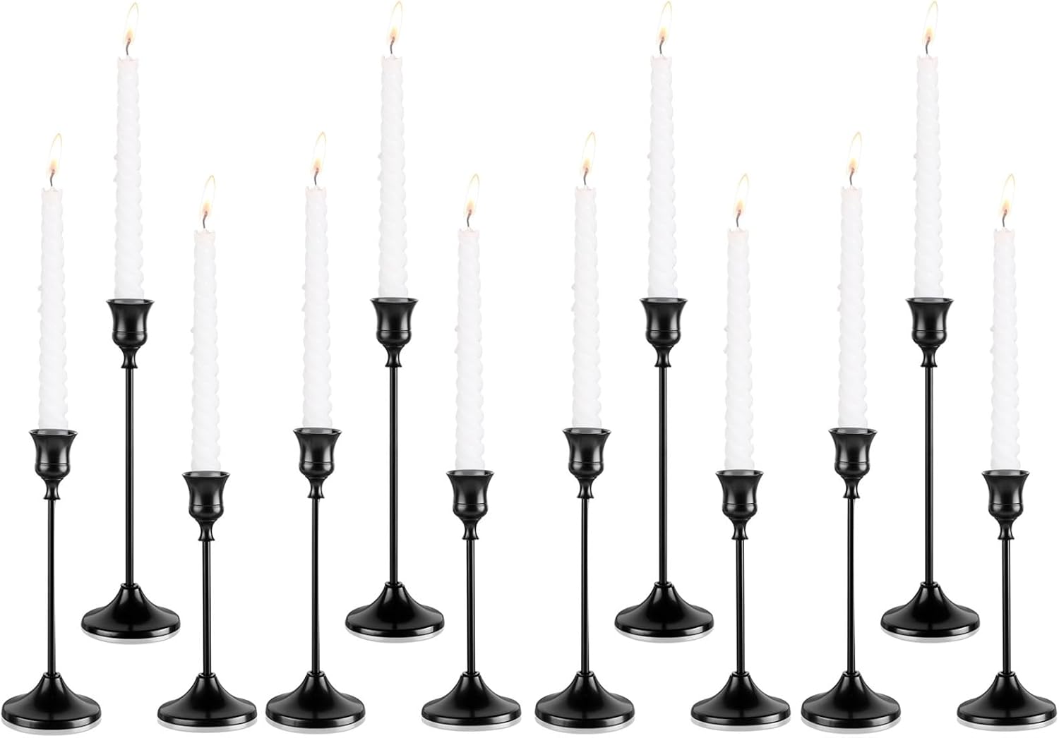 Black Taper Candle Holders, 4 Sets, 12 Pcs, with Anti-Slip Pads