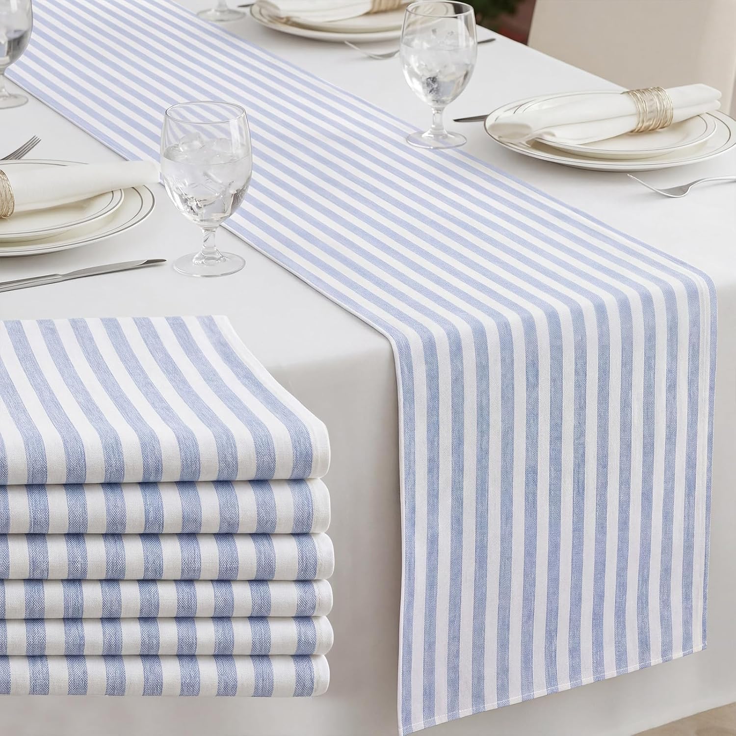 Blue and White Stripe Table Runners, 13 x 72 Inch, 6 Pcs