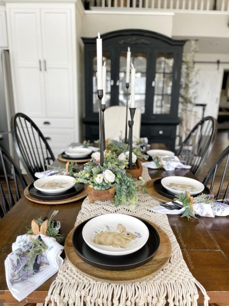Modern Easter table setting pairing soft blush pink with matte black accents