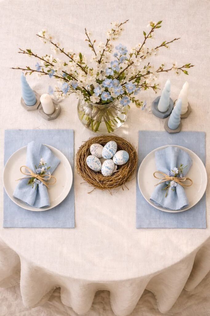 Blue and white spring Easter table setting with a coastal, classic feel