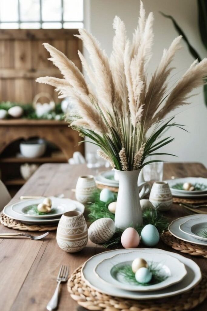 Boho-inspired Easter table setting with earthy terracotta and beige tones