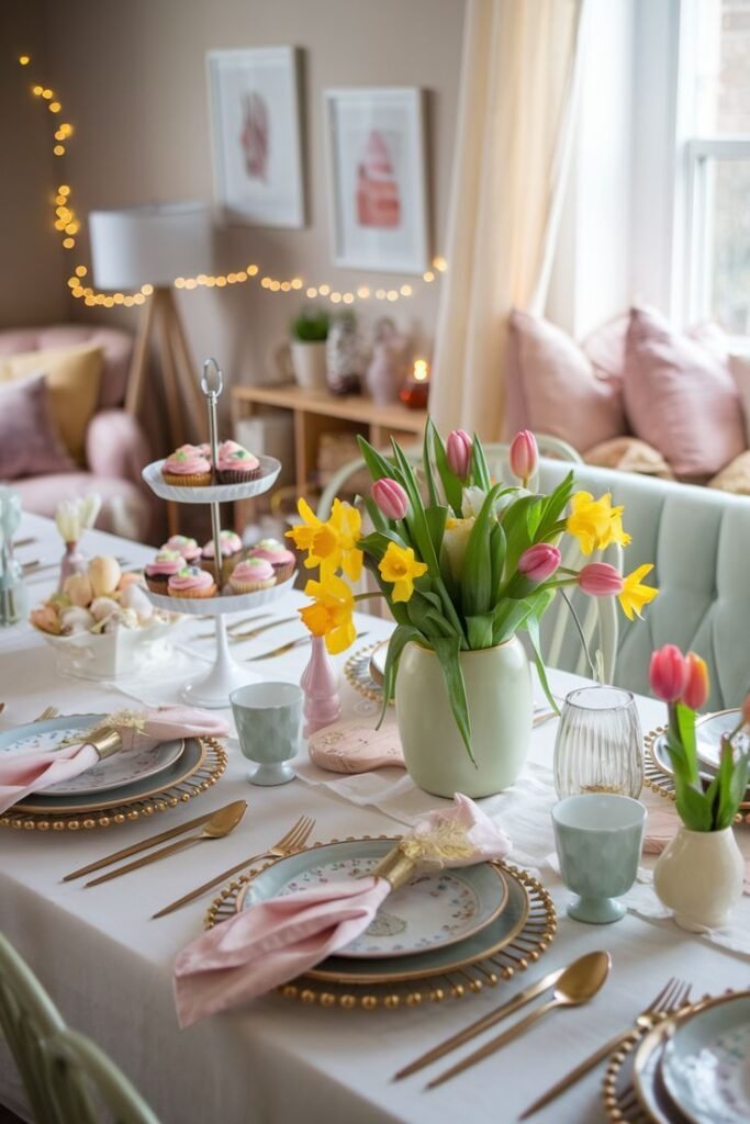 Bold color pop Easter table setting anchored by one saturated statement color