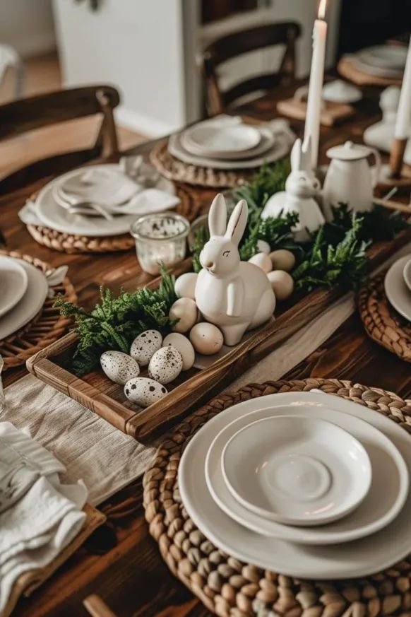 Bunny-themed Easter table setting with subtle, grown-up accents