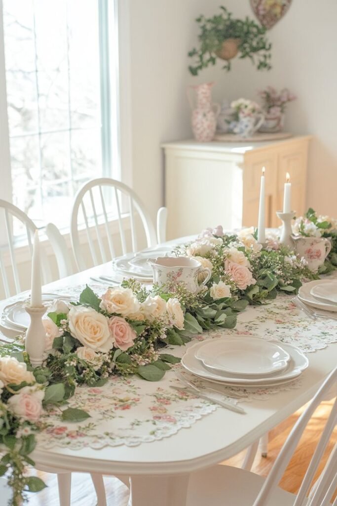 Floral garden-inspired Easter table setting with fresh flowers in one color family
