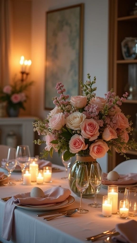 Glam Easter table setting with crystal glassware and candlelight
