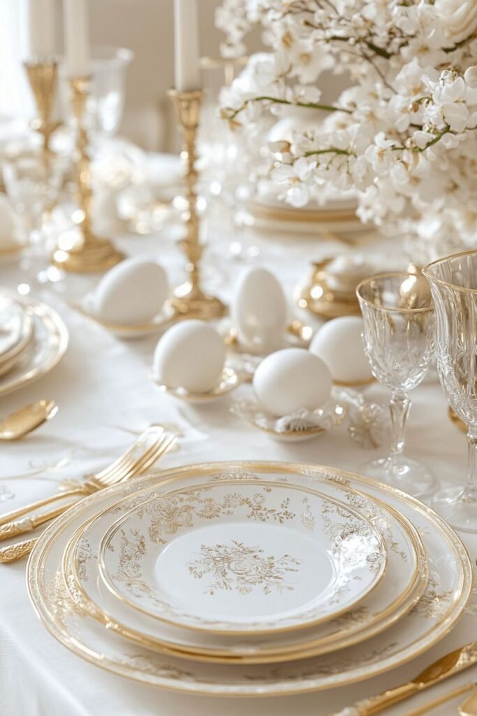 Elegant gold and white Easter table setting with minimal metallic accents