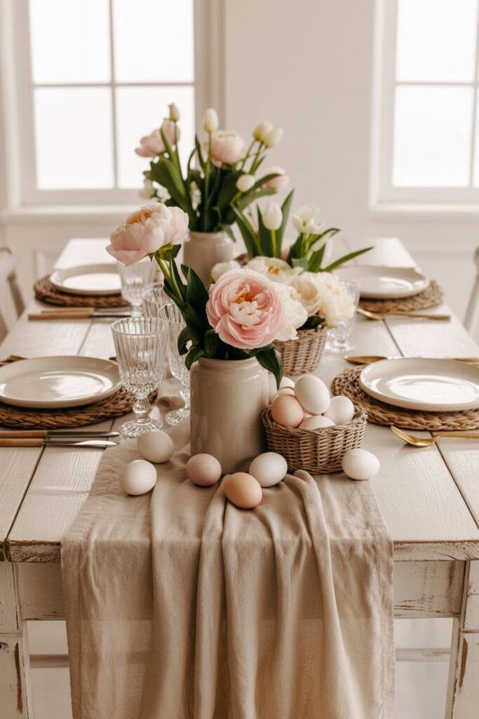 Minimalist neutral Easter table setting with restrained, quality pieces