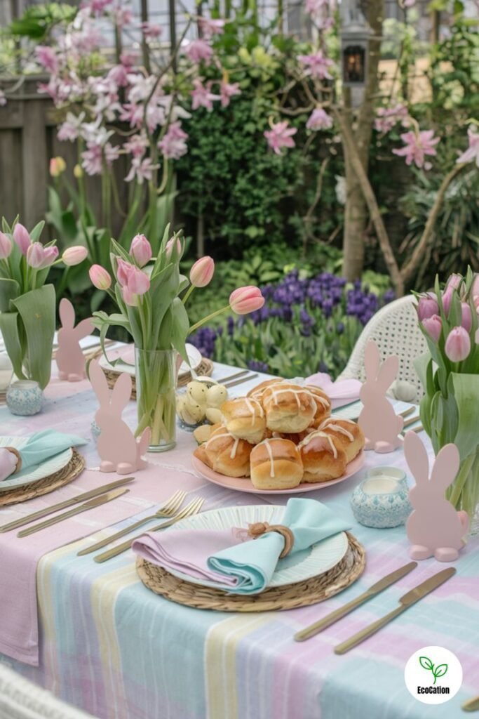 Outdoor garden Easter table setting styled in natural sunlight