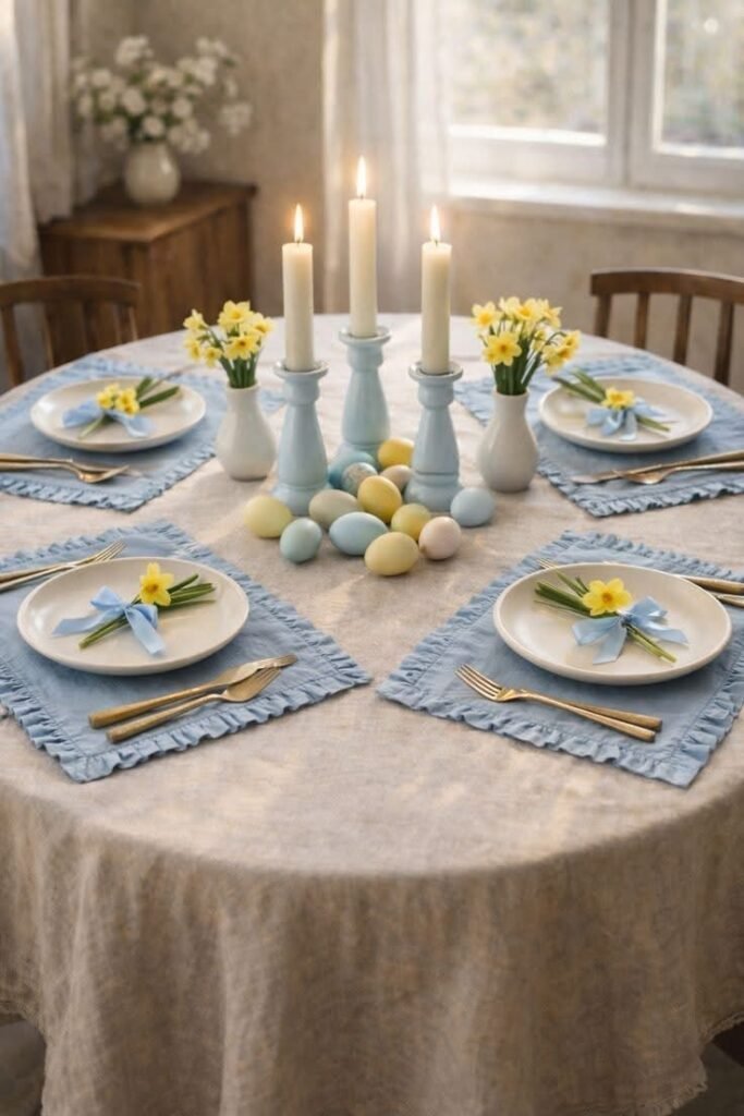 Vintage-inspired Easter table setting with antique china and modern glassware
